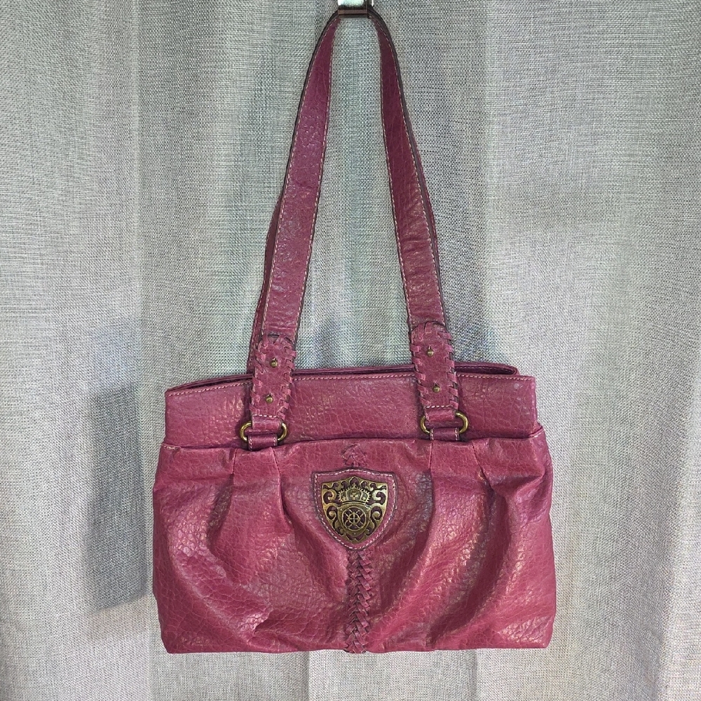 Vtg Nicole Shoulder Bag Tote Dusty Rose Pink Bronze Crown Logo Lined Zip Snap
